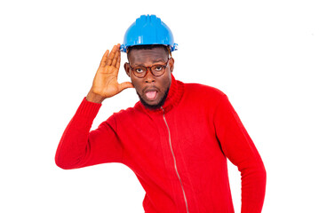 young man engineer holding hand near ear.