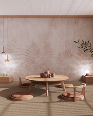 Minimalist Tea ceremony room mock up in orange and beige tones, japanese style. Table and chairs, tatami mats. Japandi interior design