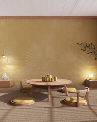 Minimalist Tea ceremony room mock up in yellow and beige tones, japanese style. Table and chairs, tatami mats. Japandi interior design