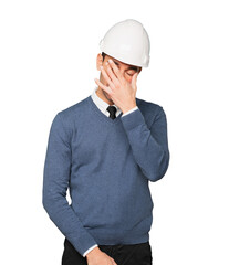 Concerned young architect posing. Isolated
