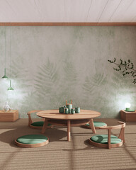 Minimalist Tea ceremony room mock up in green and beige tones, japanese style. Table and chairs, tatami mats. Japandi interior design