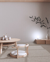 Japandi Tea ceremony room mock up in bleached and beige tones, japanese style. Table and chairs, tatami mats. Japanese minimalist interior design