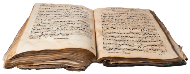 View of old open book isolated on transparent background