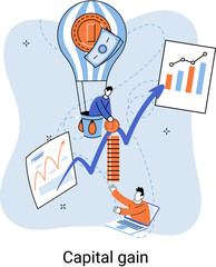 Capital gain, net income, monetary profit and growing graph up. Economic growth, income from investments. Metaphor of business success. Difference between purchase price of an asset and its sale price