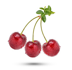Cherry with drops with leaves isolated on transparent background (.PNG)