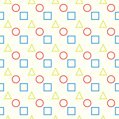 Children's seamless background pattern. Abstract geometric seamless pattern of yellow triangles, red circles, blue squares. Children's print for textiles, wallpaper, wrapping paper