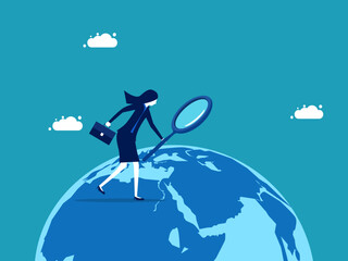  Businesswoman exploring the world with a magnifying glass. business concept vector illustration eps