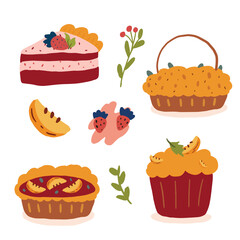 Sweet hand drawn bakery of pumpkin pie, orange pie, strawberry cake and pumpkin muffin. homemade baking. 