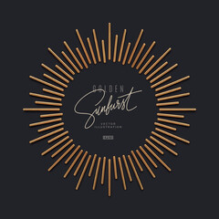 Realistic gold metal sunburst rays on dark background and copy space. 3d render vector illustration.
