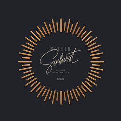 Realistic gold metal sunburst rays on dark background and copy space. 3d render vector illustration.
