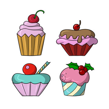 A set of icons, colorful delicious cupcakes with delicate fruit and chocolate cream and berries, vector cartoon