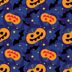 Pumpkins and bats against a dark blue night sky with bright stars. Seamless pattern, Halloween print. Vector illustration