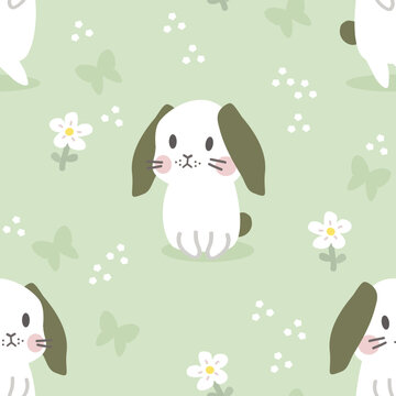 Adorable Lop-Ears Bunny and Flower Seamless Pattern