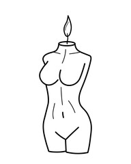 Hand drawn burning candle in shape of woman body. Decor for home, spa, aromatherapy, relaxation. Doodle sketch style. Vector illustration isolated on white background.