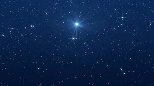   Bright star, starry sky and falling snow.  Christmas star of the Nativity of Bethlehem, Nativity of Jesus Christ. Christmas background.