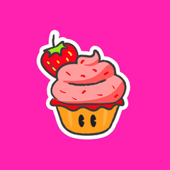 Cute Hand Drawn Strawberry Cupcake Vector Illustrator