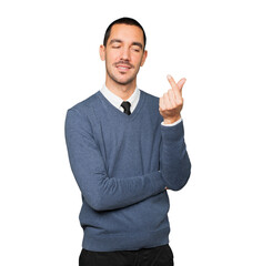 Young man making a gesture of worried about his economy
