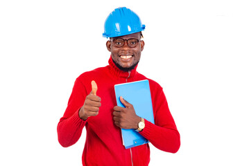 young man engineer holding clipboard and showing his thumb up smiling.