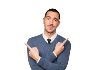 Confused young man poiting in both directions