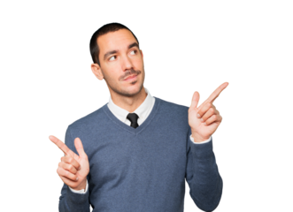 Confused young man poiting in both directions