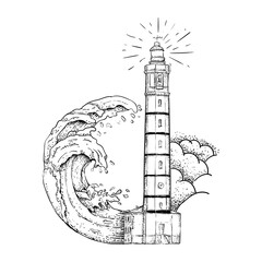 lighthouse with wave engraving art