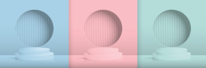 Set of blue, pink, green cylinder pedestal podium display, Empty room background. Abstract modern vector rendering 3d shape for products display presentation. Pastel minimal wall scene, Studio room.