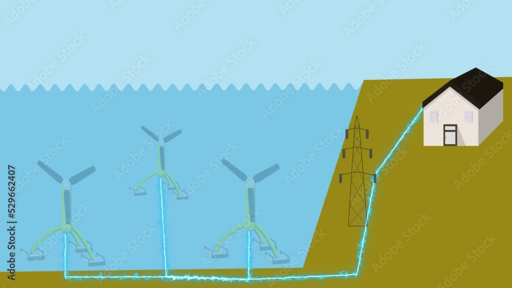 Wall mural tidal energy animation shows how turbines generate electricity power by using tides