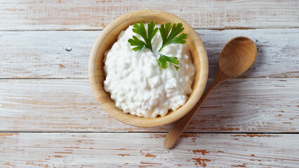 Cottage cheese in a bowl  on a wooden background. Diet and healthy eating concept
