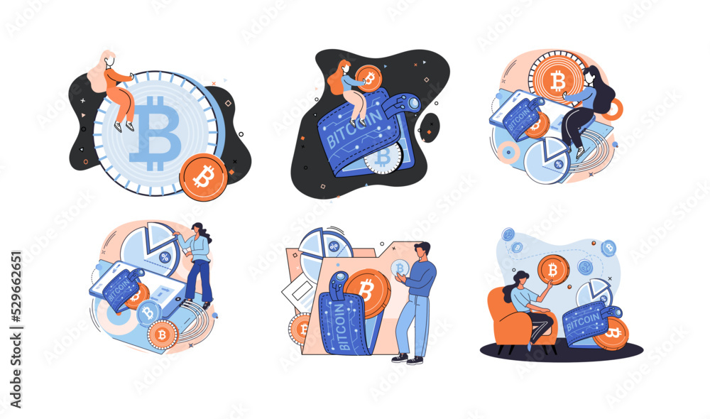 Poster cryptocurrency bitcoin mining metaphor blockchain exchange platform. cyber banking procedures, bitco