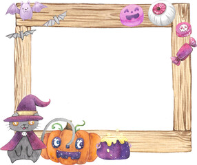 Happy Halloween frame with wood watercolor. 