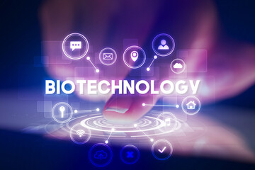 Finger touching tablet with web technology icons concept