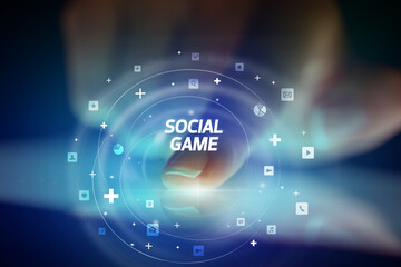 Finger touching tablet with social media icons concept