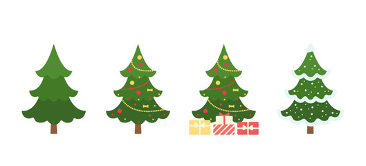 Set of Christmas trees decorated with garlands with gifts on white background. Cartoon flat style. Vector illustration