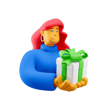 3d illustration. Cartoon girl 3d character with a gift box.