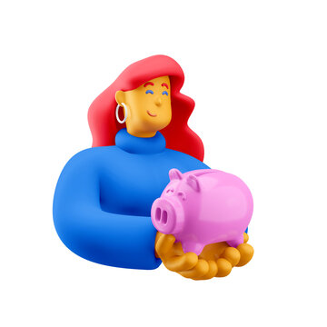 3d illustration. Cartoon girl 3d character with piggy bank- money box. Financial concept.