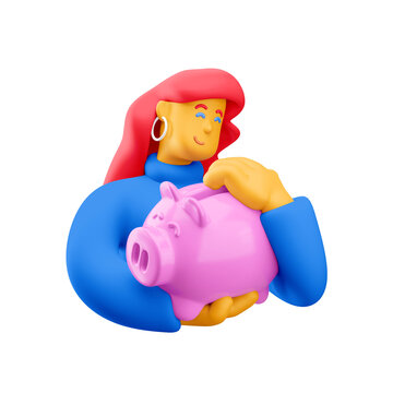 3d illustration. Cartoon girl 3d character with piggy bank. Money saving concept.