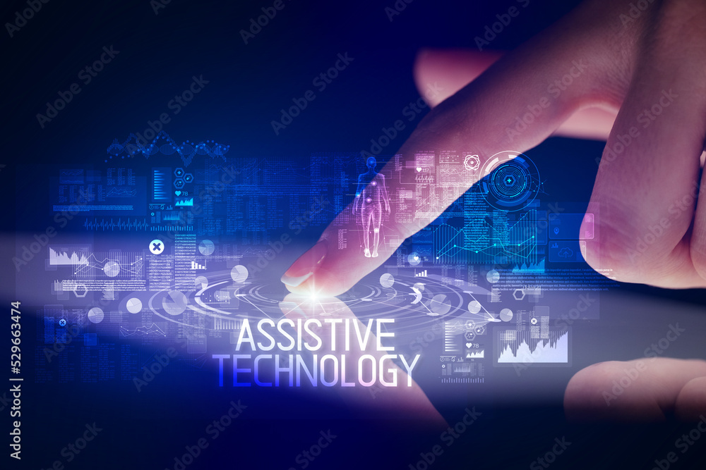 Aufkleber finger touching tablet with web technology icons concept