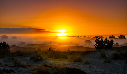 Sunrise over the dunes in the fog