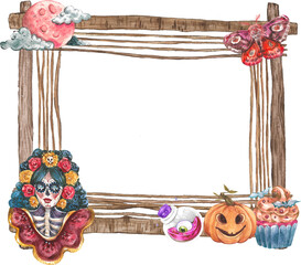 Happy Halloween frame with wood watercolor. 