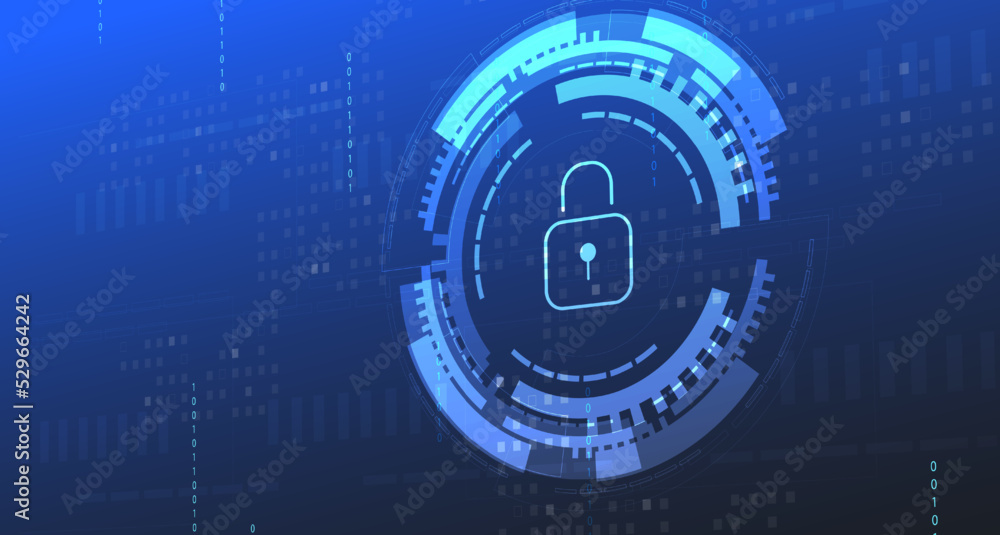 Poster cyber security, data protection, cyberattacks concept on blue background. database security software