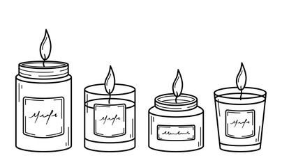 Set of burning aroma candles in glass jars. Hand drawn sketch icons. Isolated vector illustration in doodle line style.