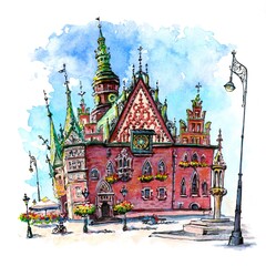 Watercolor sketch of Wroclaw Market Square in the Old Town of Wroclaw, Poland.