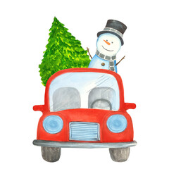 Watercolor drawing isolated snowman on a red truck with Christmas trees. Decorative design element for postcards, invitations.