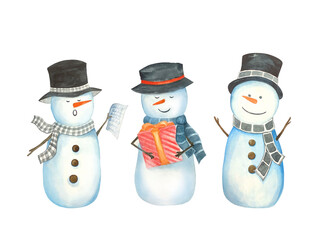 Watercolor Christmas illustration of cute snowman isolated on white background. Decorative design element for postcards, invitations
