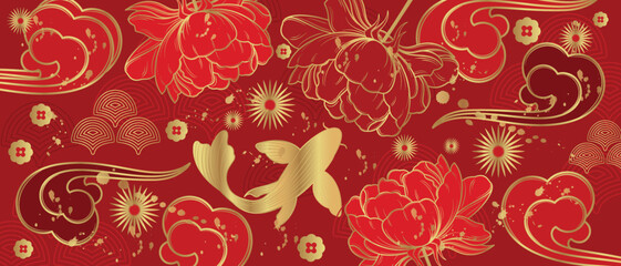 Vector banner with traditional Chinese elements and ornament. Koi carp in gold color on a red background with flowers. Chinese background.