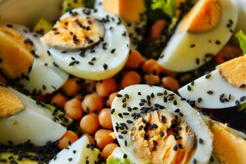 Close up of hard-boiled eggs, black sesame seeds and chick peas in a bowl for a high protein...