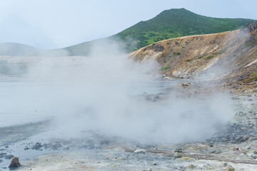 Fototapeta na wymiar steaming hydrothermal outlet on the shore of the hot lake in the caldera of the Golovnin volcano on the island of Kunashir