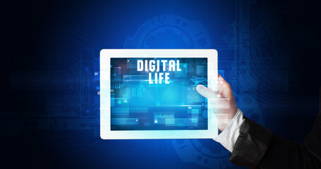 Person holding tablet, security concept