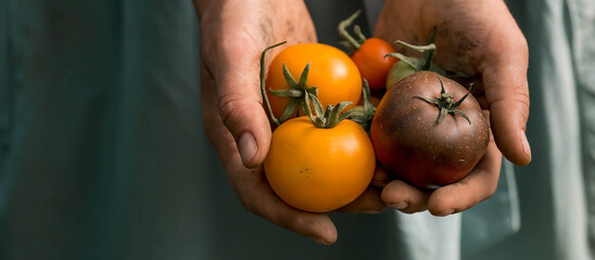 Hands of a girl with tomatoes close-up. A farmer in a cotton apron holds fruit next to a wicker basket. The concept of harvesting in a greenhouse.