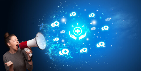 Young person with megaphone and healthcare icon